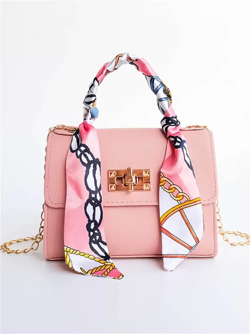 Women Girls Fashion Simplicity Solid Color Handbag Niche Design Silk Scarf Mini Chain Single Shoulder Crossbody Bag Bandolera