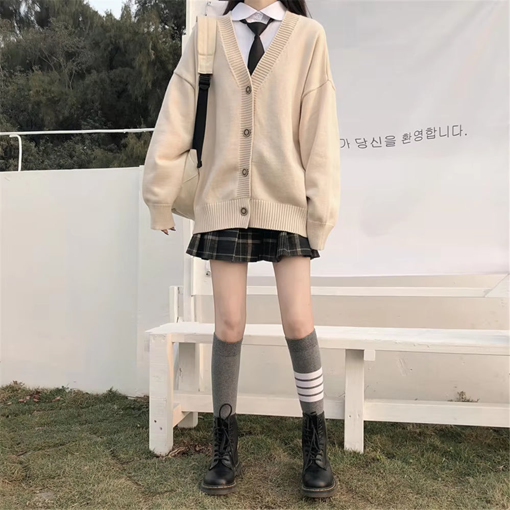 New Sweater Female Outer Wear Sweater Coat School Uniform Japanese Fashion College Loose V-Neck Cardigan 2021 Korean Japanese