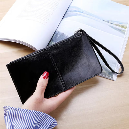 Women'S Wallet Vintage Oil Wax Zipper Large Capacity Coin Purse Ladies Wristband Simplicity Card Holder Female'S Handbag