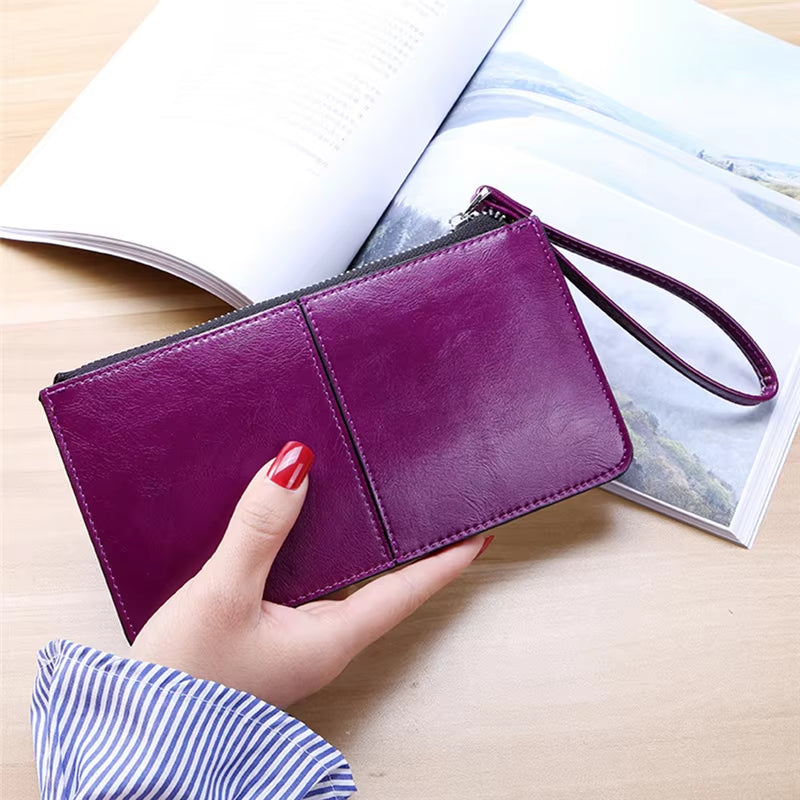 Women'S Wallet Vintage Oil Wax Zipper Large Capacity Coin Purse Ladies Wristband Simplicity Card Holder Female'S Handbag