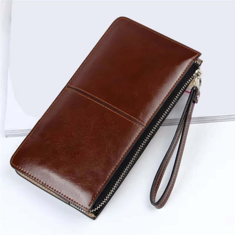 Women'S Wallet Vintage Oil Wax Zipper Large Capacity Coin Purse Ladies Wristband Simplicity Card Holder Female'S Handbag