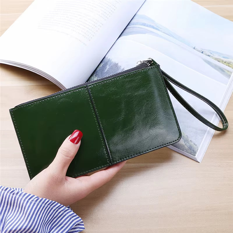 Women'S Wallet Vintage Oil Wax Zipper Large Capacity Coin Purse Ladies Wristband Simplicity Card Holder Female'S Handbag