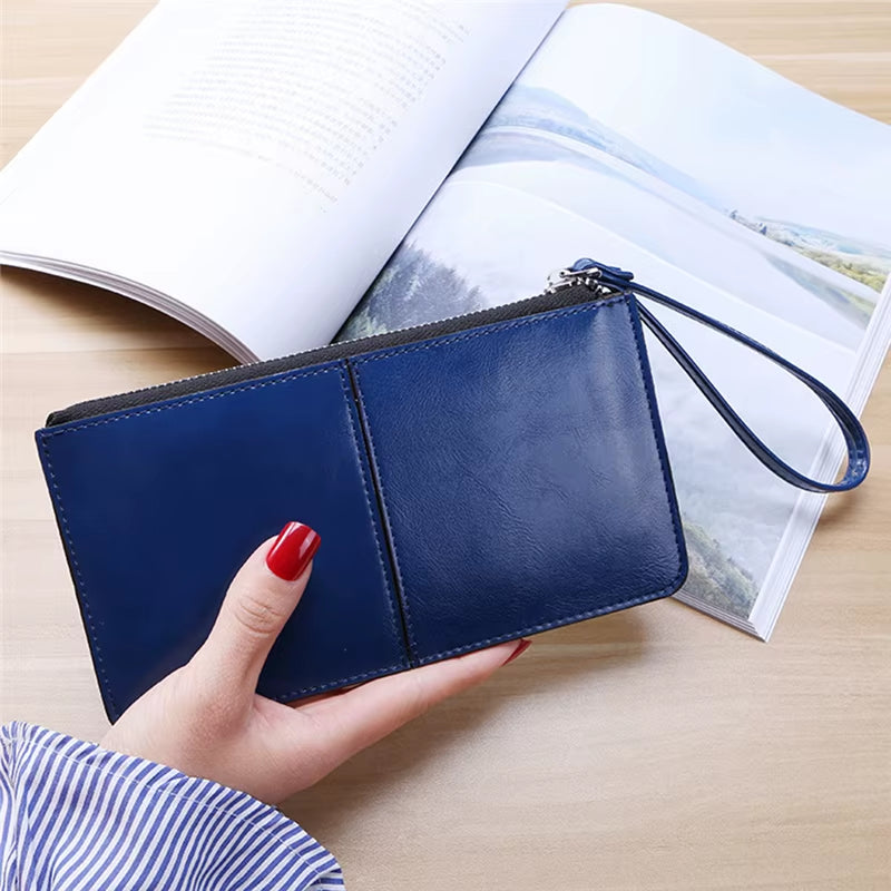 Women'S Wallet Vintage Oil Wax Zipper Large Capacity Coin Purse Ladies Wristband Simplicity Card Holder Female'S Handbag