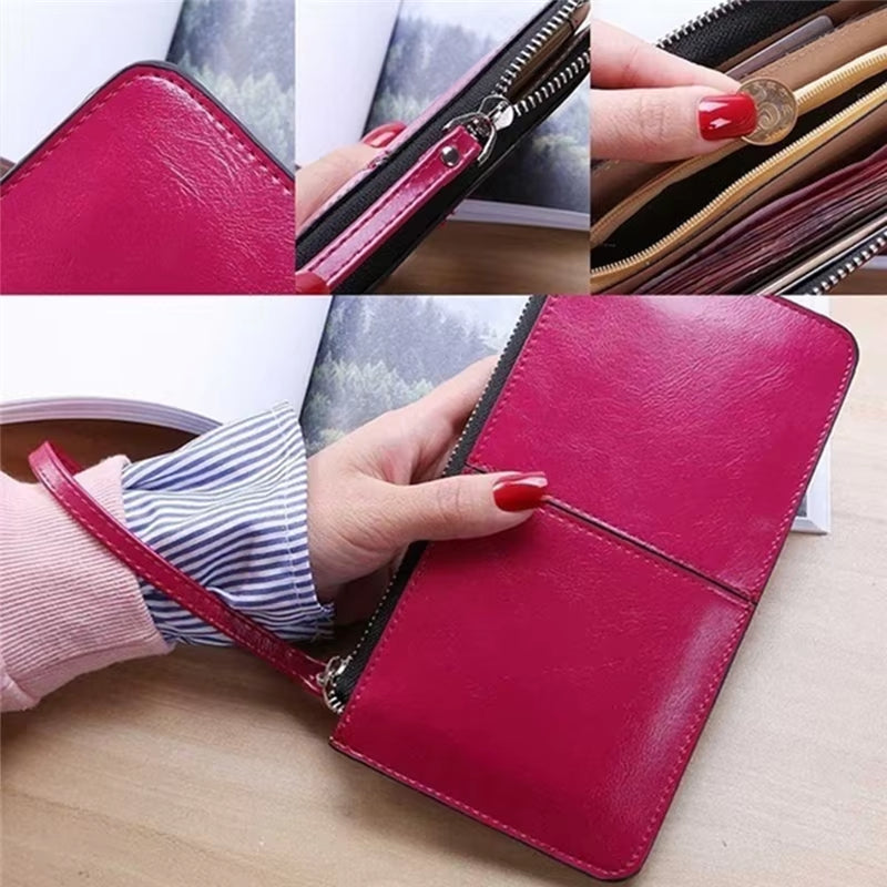 Women'S Wallet Vintage Oil Wax Zipper Large Capacity Coin Purse Ladies Wristband Simplicity Card Holder Female'S Handbag