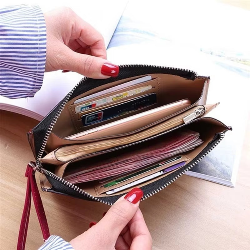 Women'S Wallet Vintage Oil Wax Zipper Large Capacity Coin Purse Ladies Wristband Simplicity Card Holder Female'S Handbag