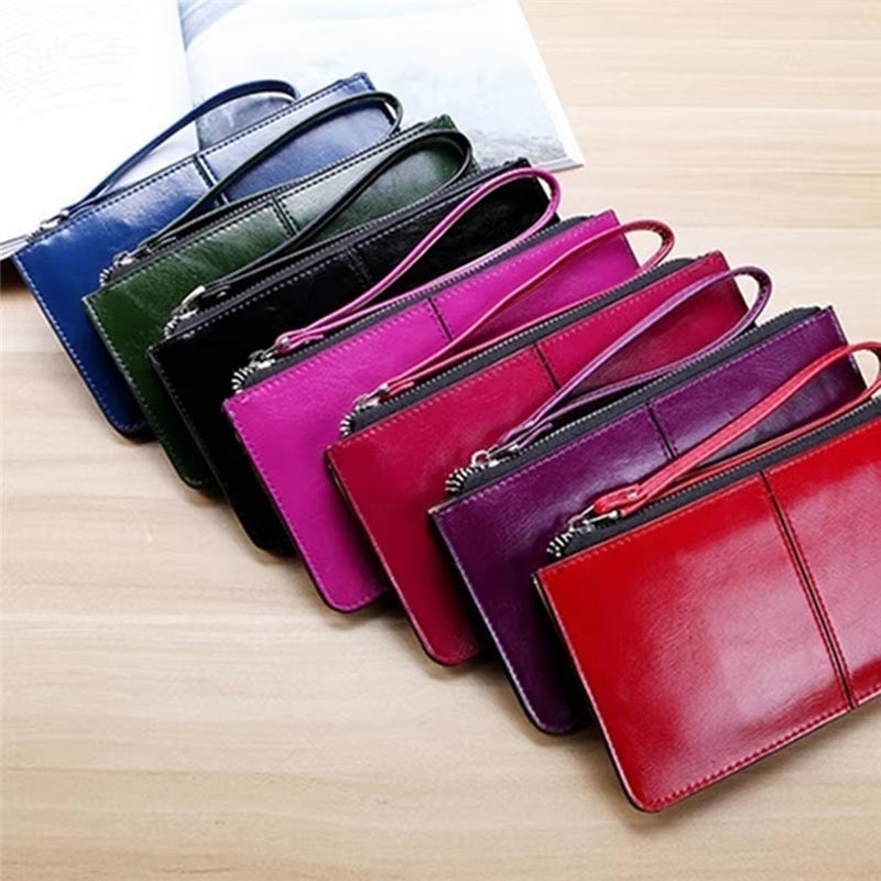 Women'S Wallet Vintage Oil Wax Zipper Large Capacity Coin Purse Ladies Wristband Simplicity Card Holder Female'S Handbag