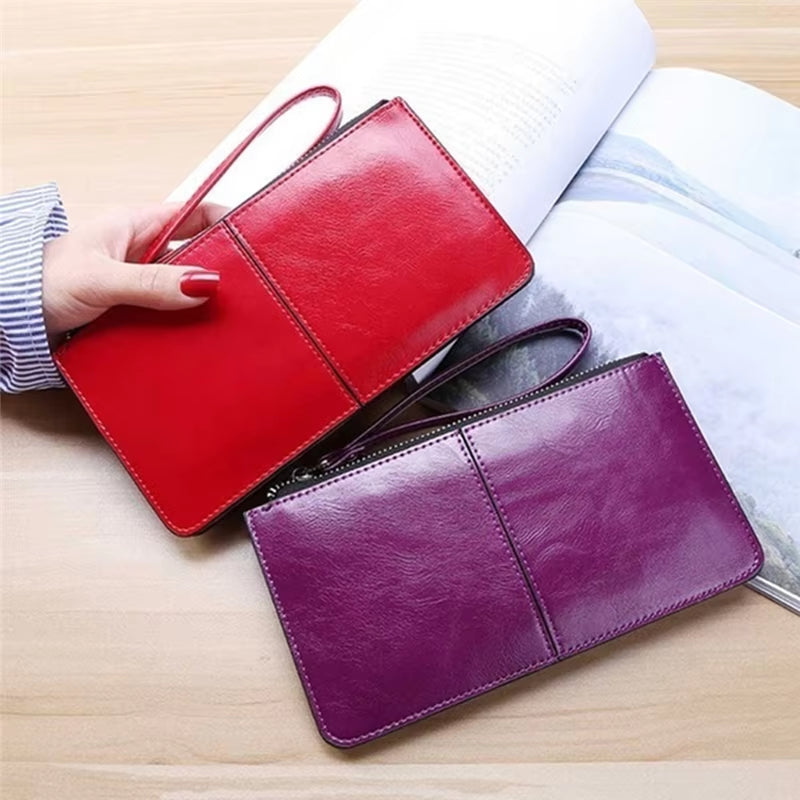 Women'S Wallet Vintage Oil Wax Zipper Large Capacity Coin Purse Ladies Wristband Simplicity Card Holder Female'S Handbag