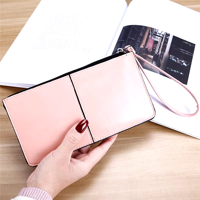 Women'S Wallet Vintage Oil Wax Zipper Large Capacity Coin Purse Ladies Wristband Simplicity Card Holder Female'S Handbag