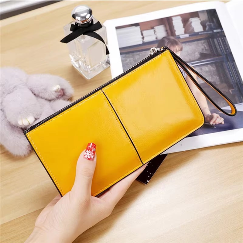 Women'S Wallet Vintage Oil Wax Zipper Large Capacity Coin Purse Ladies Wristband Simplicity Card Holder Female'S Handbag