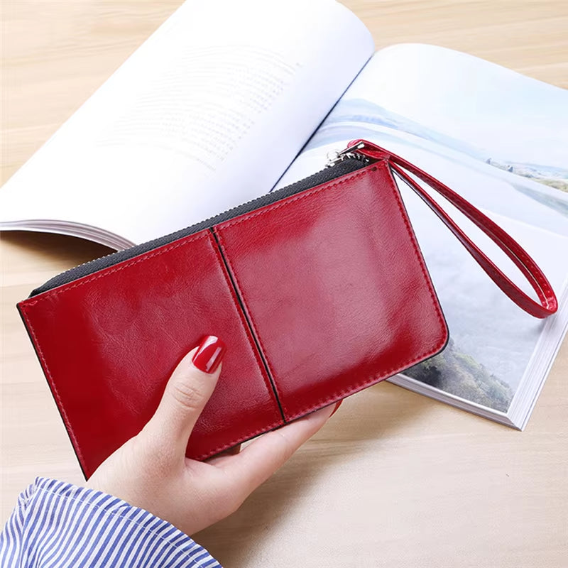Women'S Wallet Vintage Oil Wax Zipper Large Capacity Coin Purse Ladies Wristband Simplicity Card Holder Female'S Handbag