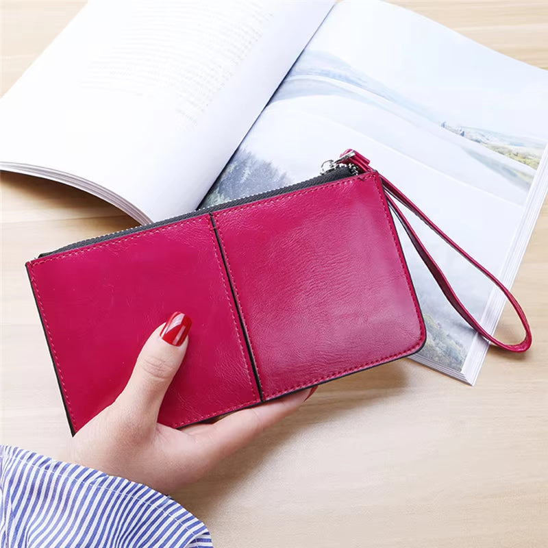 Women'S Wallet Vintage Oil Wax Zipper Large Capacity Coin Purse Ladies Wristband Simplicity Card Holder Female'S Handbag
